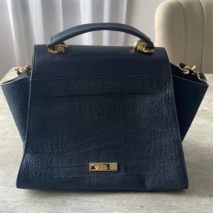 Zac Posen Eartha Top Handle Leather Crossbody- dark blue, gold toned hardware